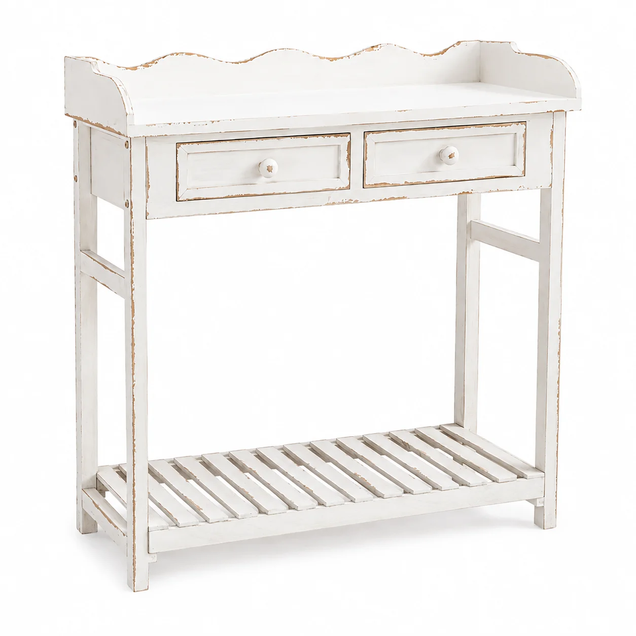 Vintage Console Table with 2 Drawers, Wood Slatted Shelf, Rustic Brown or White, 31.5W x 32.3H x 13.4D inches