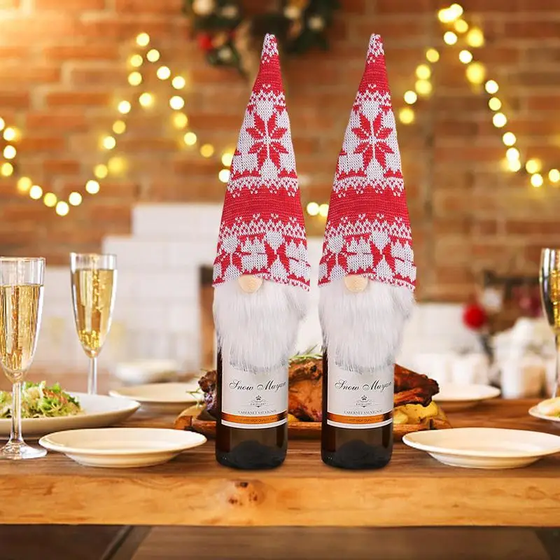 Gnome Swedia Natal untuk boneka botol sampanye anggur merah penutup rajutan dekorasi meja makan pesta Festival