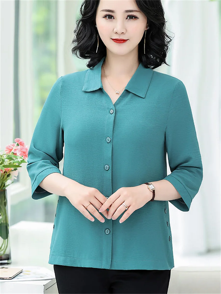 5XL Women Spring Summer Blouses Shirts Lady Fashion Casual Half or Short Sleeve Turn-down Collar Solid Color Blusas Tops TT2387