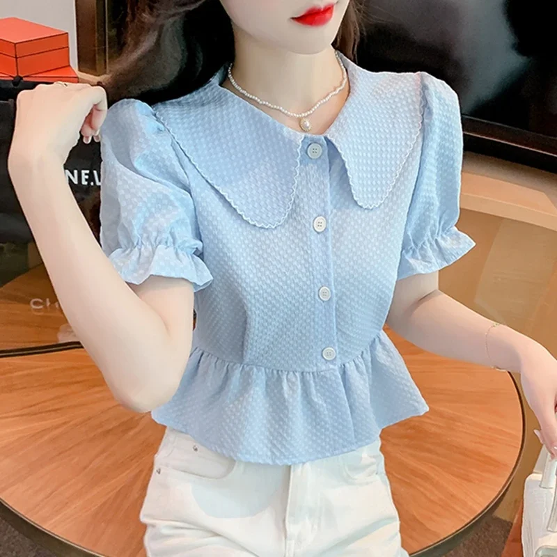 Vintage Summer Crop Tops Women Blouses 2024 Fashion Short Sleeve Blusas Femininas Korean Style Slim Puff Sleeve Chiffon Shirts