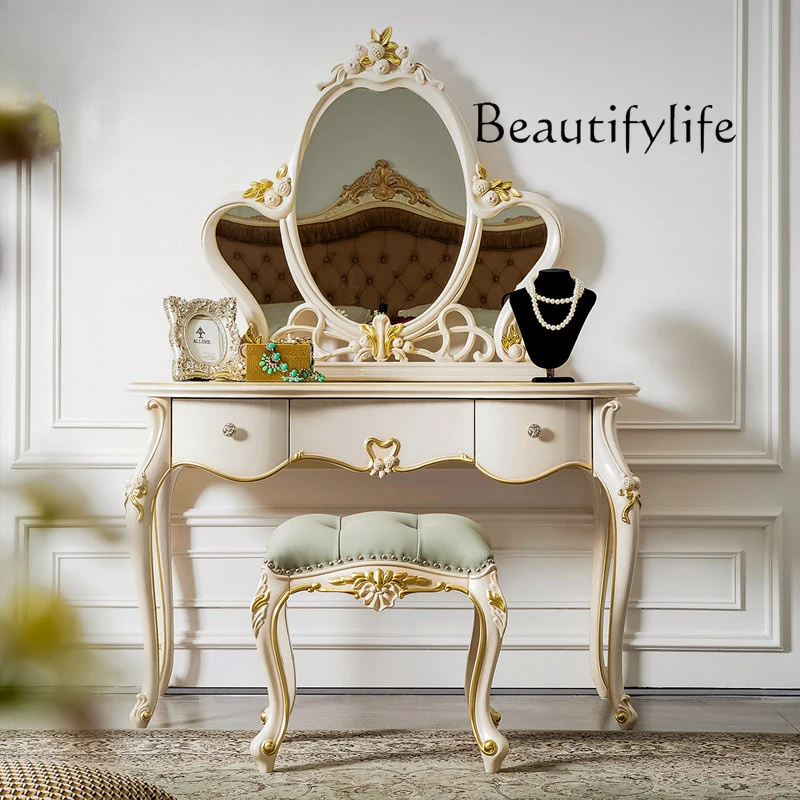 French dresser carved European bedroom makeup table stool combination solid wood dressing table dressing mirror