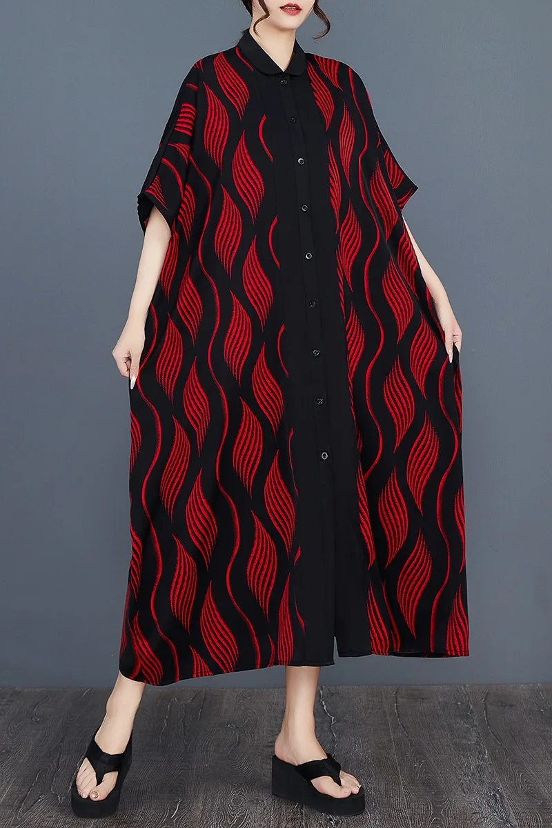 SuperAen Nieuwe 2023 Zomer Loszittende Oversize Mode Bedrukt Shirt Patchwork Single Breasted A-lijn Lange Jurken