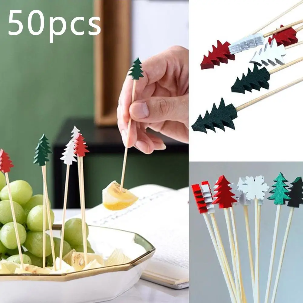 50 Christmas Food Selection Santa Snowman Elk Snowflake Bamboo Toothpicks Skewer Fruit Sandwiches Appetizers Cupcake Toothp E7P1