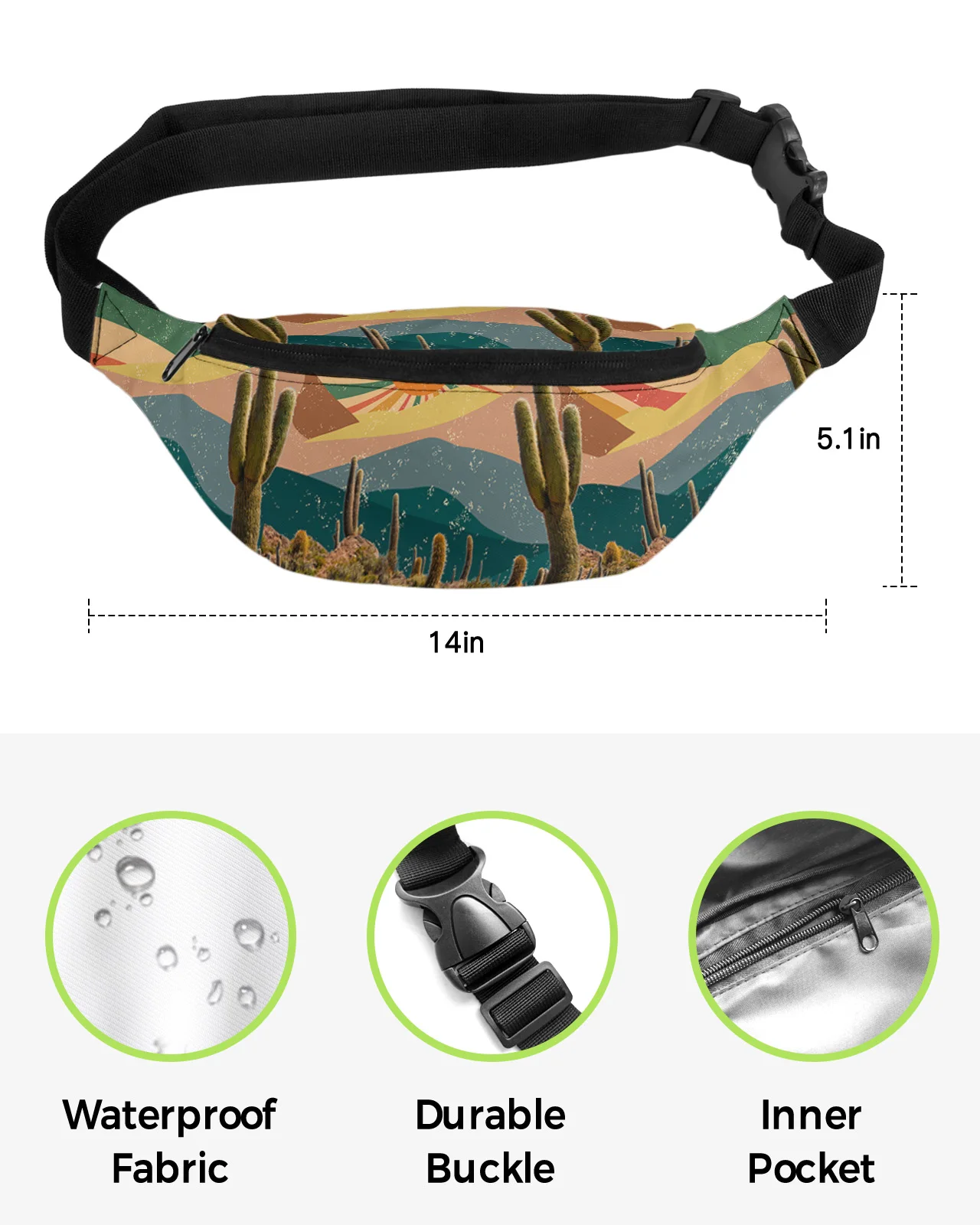 Desert Tropical Plant Cactus Rainbow Waist Packs for Women Waterproof Outdoor Sports Waist Bag Unisex Crossbody Shoulder Bag