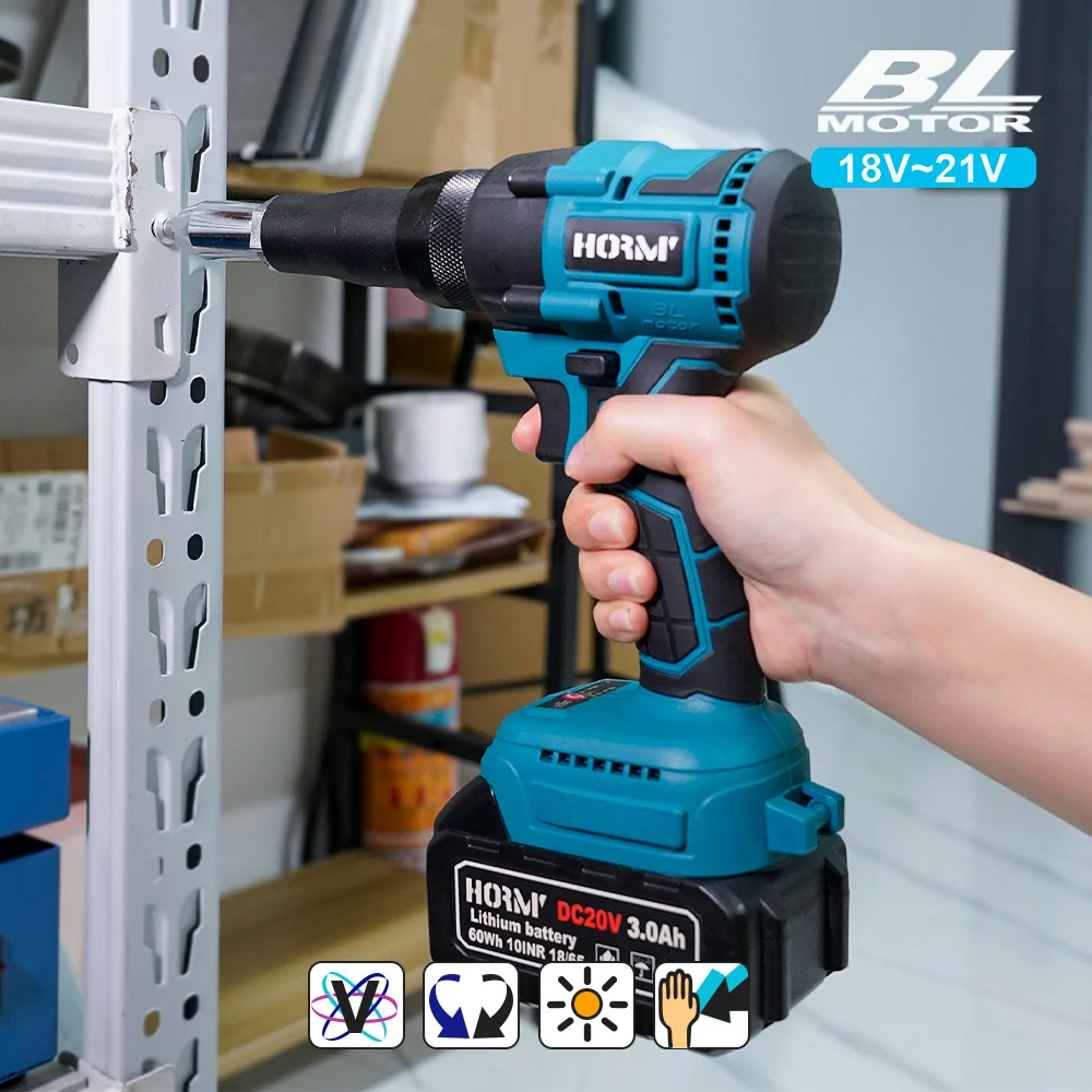 Hormy Pistola per rivetti elettrica senza spazzole 18V Pistola per dadi per rivetti a batteria LED Trapano per rivetti automatico Utensile elettrico ricaricabile per Makita Nessuna batteria