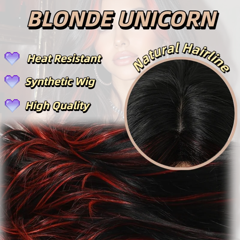 Red to Black Ombre Layered Long Wavy Synthetic Wig with Curtain Bangs and Red Highlights for Women Heat Resistant Hair for Daily