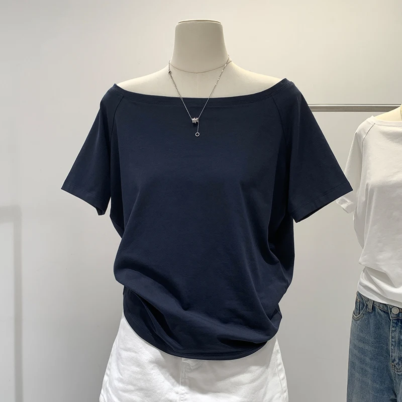 Camiseta de manga corta con cuello oblicuo de verano para mujer, jersey informal de Color sólido, camiseta holgada, camiseta