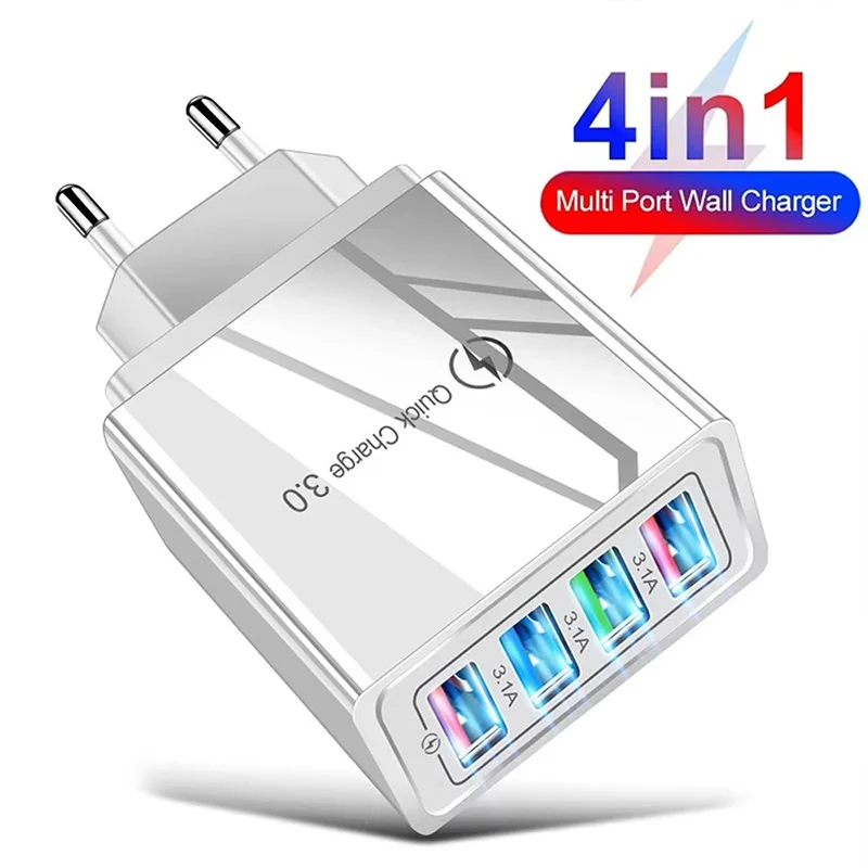 4 USB Charger Quick Charge 3.1A QC 3.0 Travel Mobile Phone Fast Charging Adapter EU Plug USB Charger For Xiaomi iPhone OnePlus