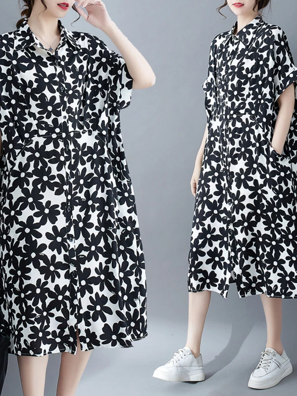 Slimming Floral Print irt Dr Women's Summer New Loose plus Size Big MM Slimming A-Line Dr Vintage Sle mid Waist