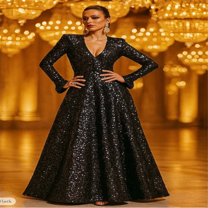 

A-Line Floor Length Evening Gown Ball Gown Formal Dress Elegant Sparkle Long Sleeve V Neck Wedding Formal Pocket Sequined
