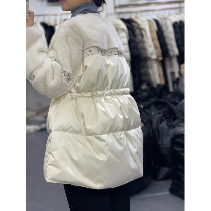 MENINA BONITA 2023 Winter Real Mink Fur Coat Women Natural White Goose Feather Down Jacket Warm Loose Luxury Fashion Streetwear