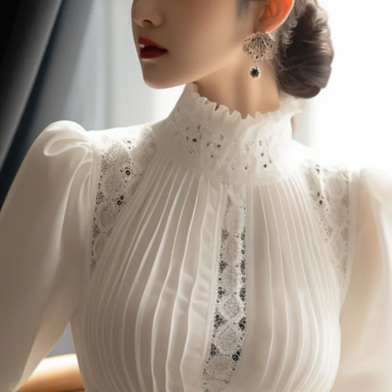Blusas Mujer De Moda 2024 Blouse for Women Temperament Lace Patchwork Shirts Hollow Out Pleated Stand Neck Vintage Blouses Tops