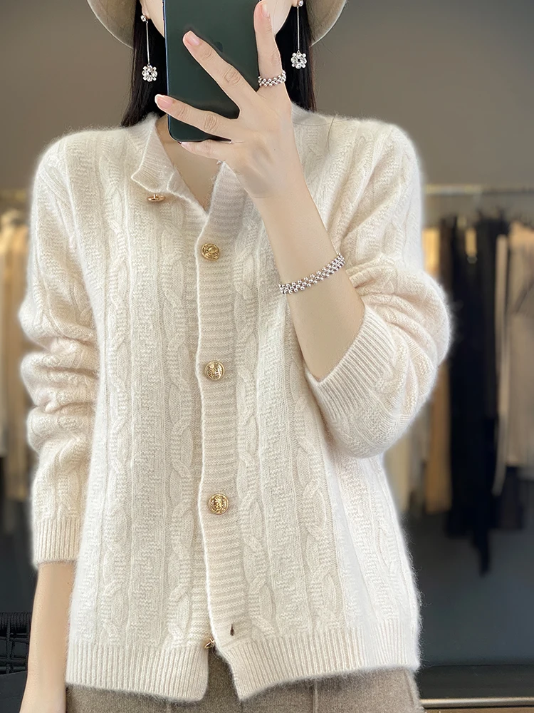 New Chic Twist Flower Women Sweater Long Sleeve O-neck Cardigan 100% Merino Wool Soft Warm Cashmere Knitwear Korean Fashion Tops