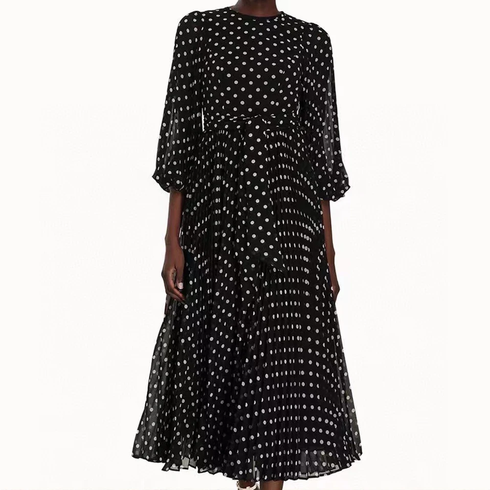 EVACANDIS Polka Dot Midi Women Dress Black Runway Designer European Chic Elegant Ladies Vintage High Quality Luxury