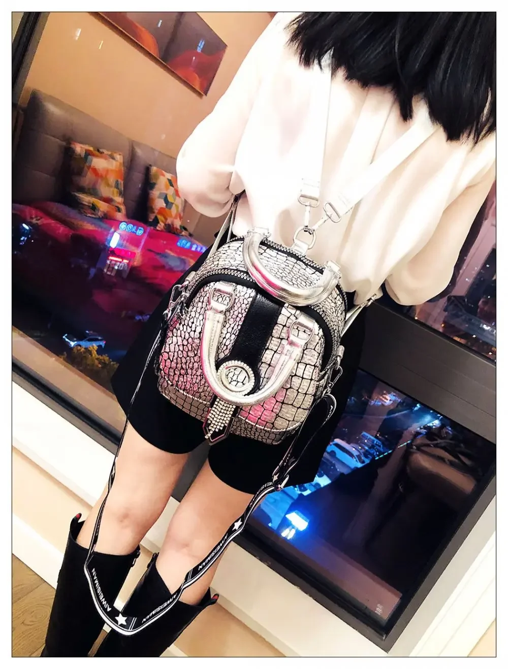 Women Fashion Leopard Pattern Leather Small Size Rhinestone Fringes Handbag 2024 Lady Diamonds Convertible Backpack Shoulder Bag