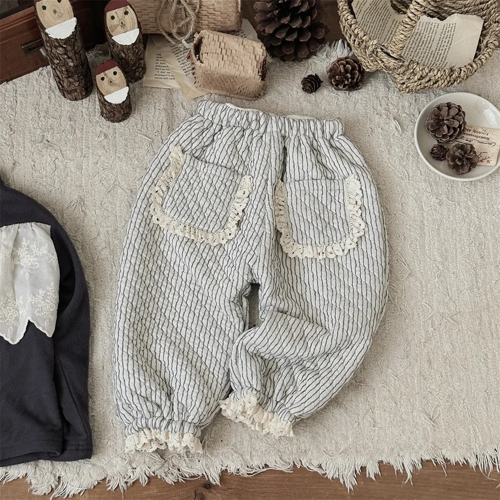 2024 Winter New Baby Fleece Warm Pants Girls Lace Casual Pants Plus Velvet Thick Toddler Striped Plaid Trousers Children Clothes