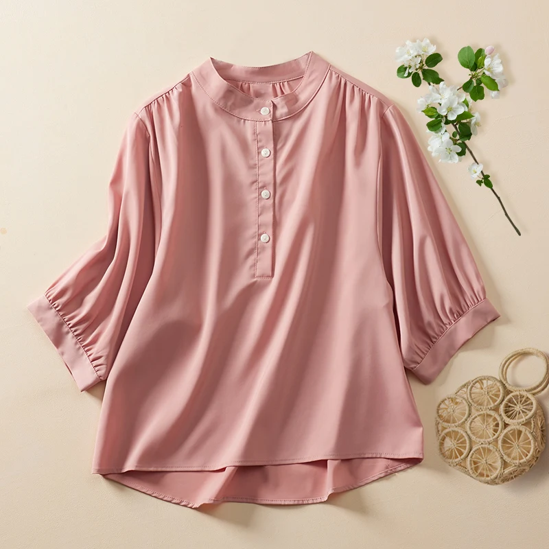 

Художественная однотонная Seven-Quarter Sve irt, летняя женская одежда большого размера, воротник-стойка, пуговица, асимметричная, антивозрастная...