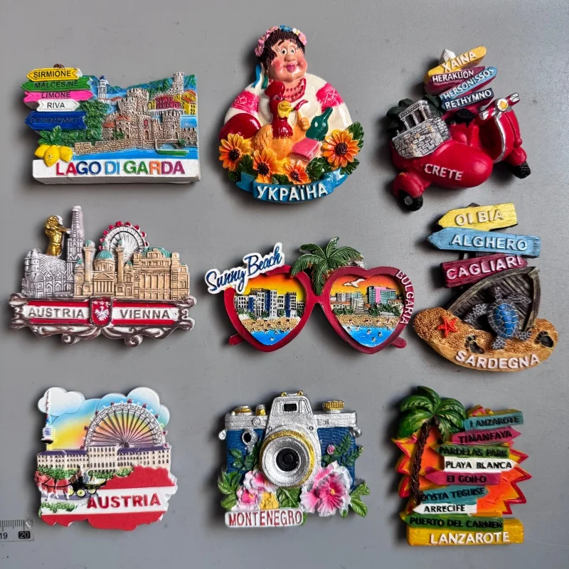 Fridge magnets Montenegro Bulgaria Crete Greece Sardegna Lago di Garda Italy Austria Lanzarote Spain Bahamas Antwerpen Belgium