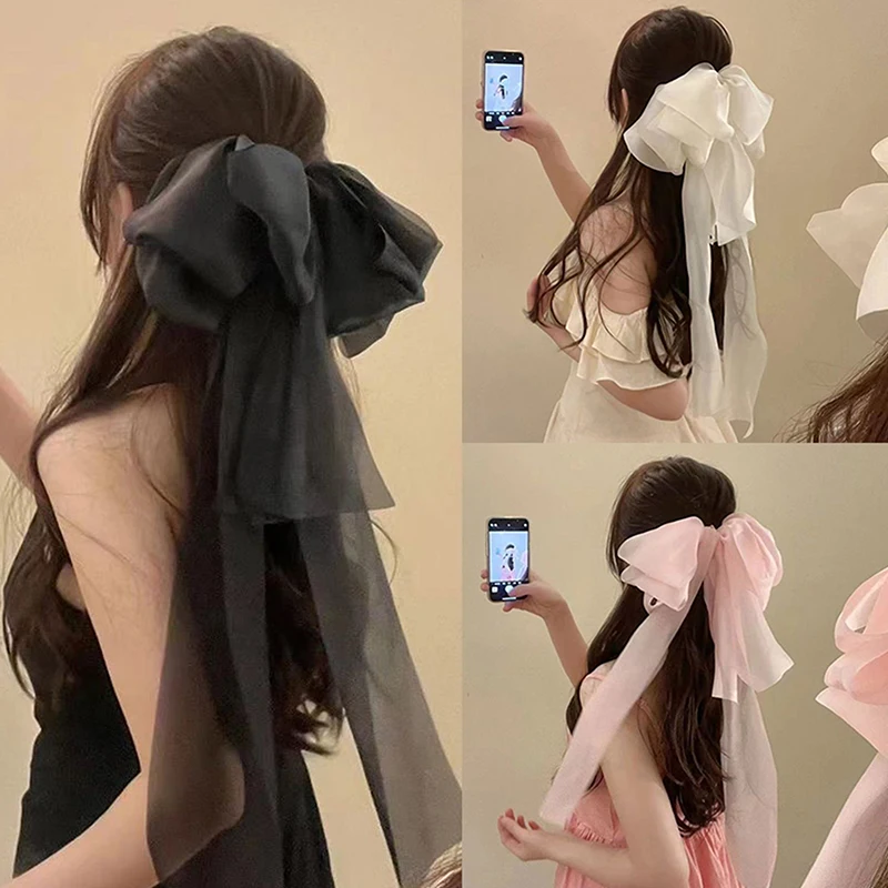 New Fairy Knotted Long Ribbon Clip Chiffon Big Bow Hair Clip Ponytail Hairpin Women Hair Accessories For Girls Headwear
