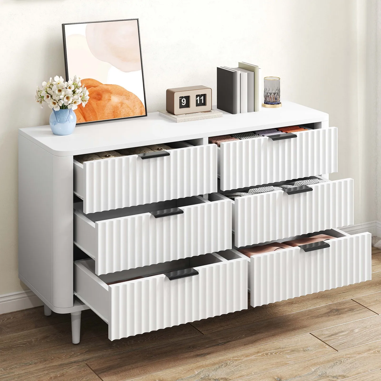 

6 Drawer Dresser with Fluted Panel Storage Organizer Chest of Drawers White