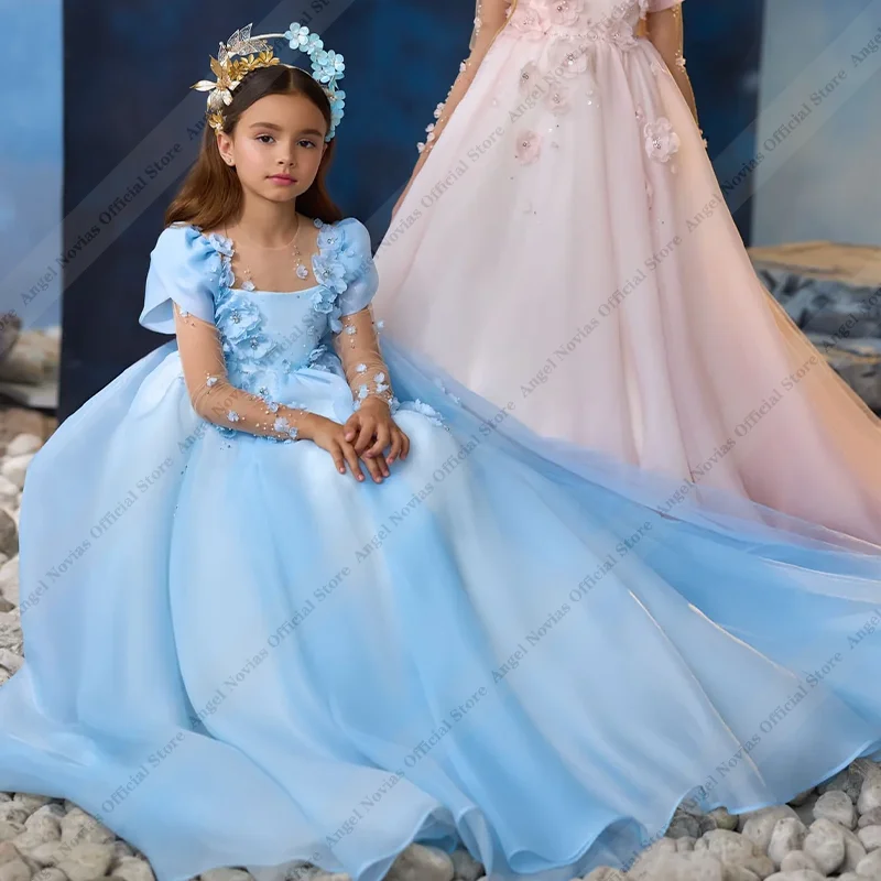 

Blue Long Sleeves Ball Gown Princess Flower Girl Dress Pageant Dress Birthday Gown Appliques Lace Customized Wedding Party Dress