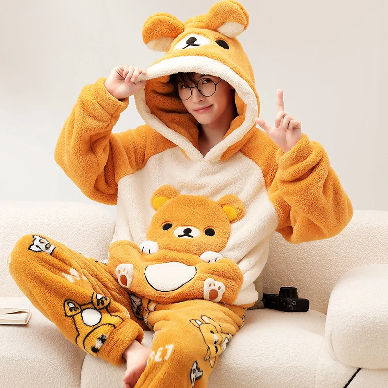 Winter Cute Animal Hooded Coral Man Pajamas Pajama Sets Nightwear Long Sleeve Thicken Warm Flannel Soft Sleepwear pijama hombre