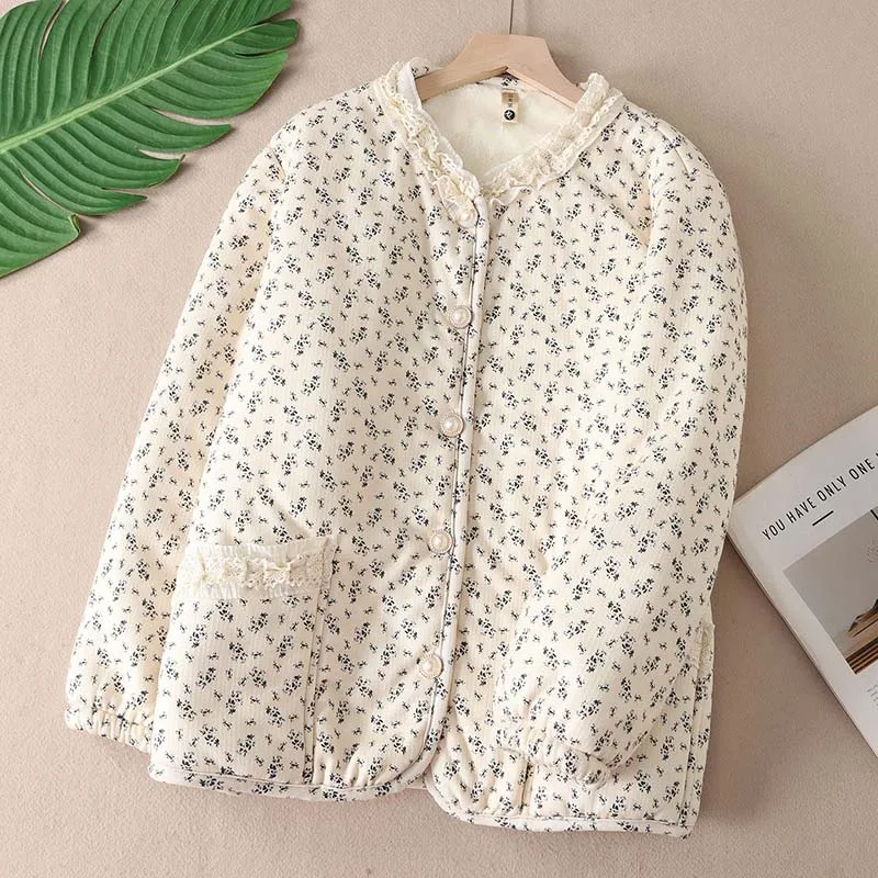 Lace Cotton-padded Jacket Winter Plush Jacket Women Floral Pattern Large Size Plate Round Collar Fleece Cotton Coat Outwear