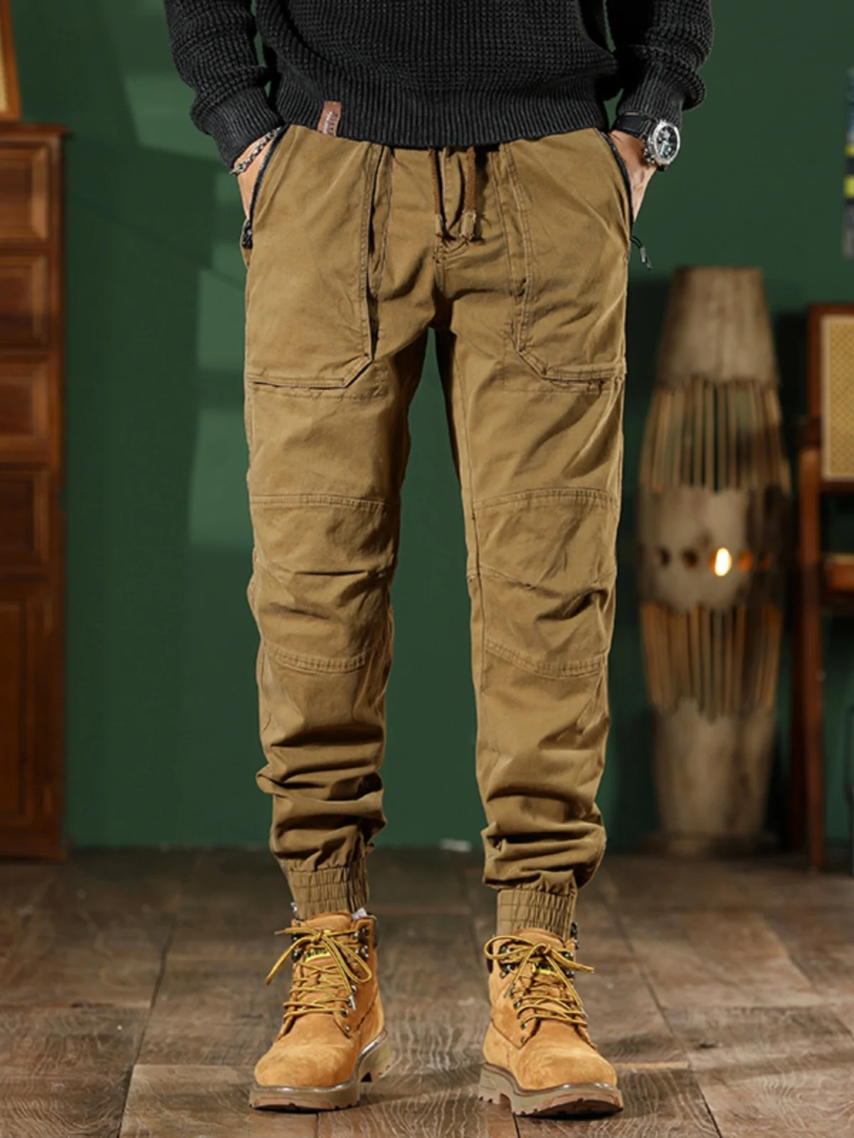 American Style Casual Camouflage Work Pants Men's Spring Autumn Loose Cuffed Elastic Decorative Zipper Men's Pants