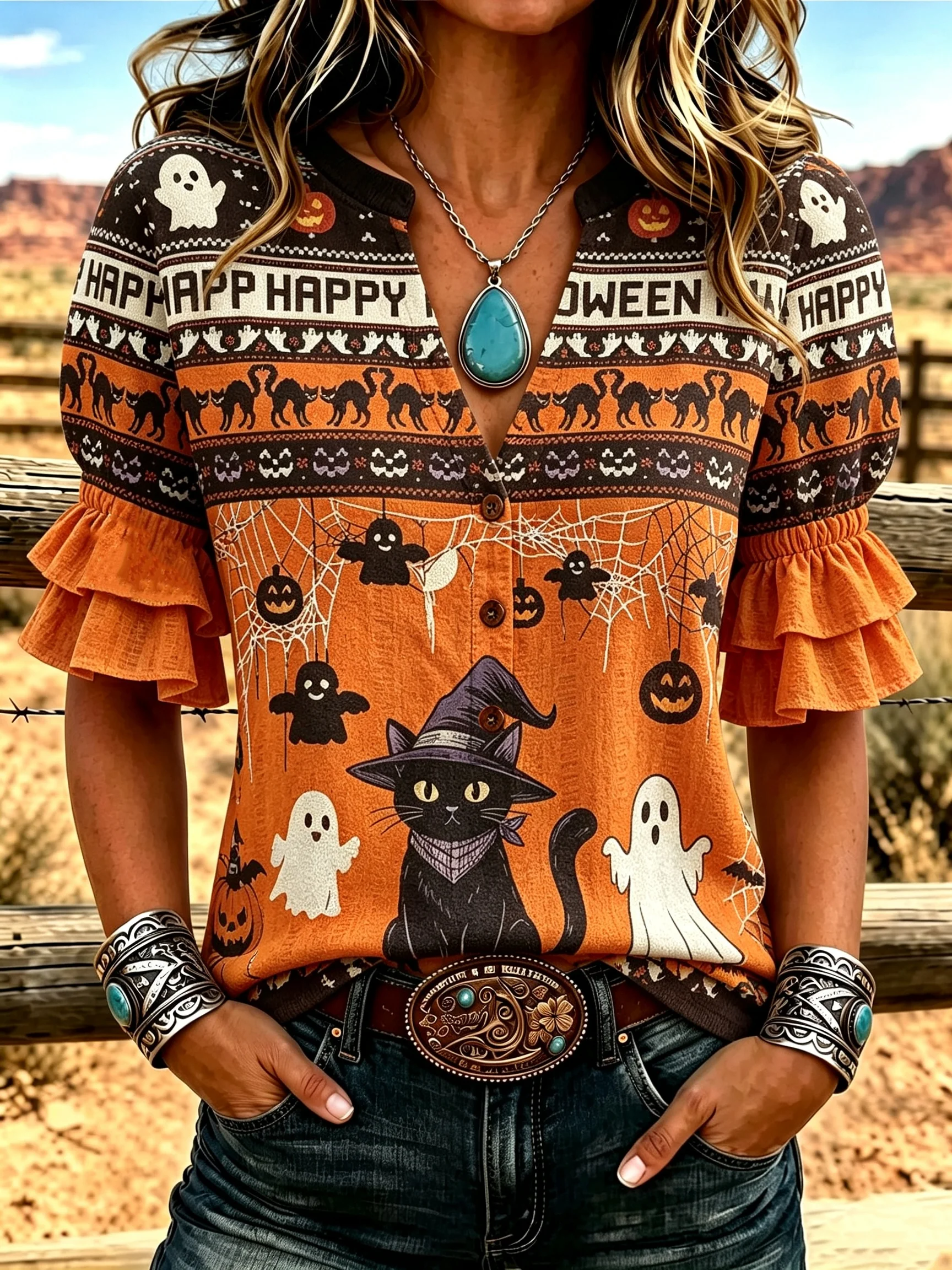 Women V‑Neck Ruffle Puff Short Sleeve Blouse Halloween Plaid Pumpkin Bat Spider Web Ghost Black Cat Print Half Placket Tops