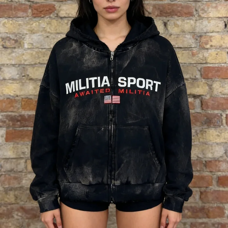 

Худи на молнии с длинным рукавом в готическом стиле, повседневная, в стиле High Street, европейский винтаж 2000-х, с вышивкой в стиле Харадзюку и панк