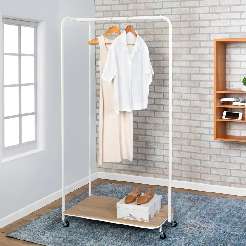 Clothing Rack, Clothes Rack with Wood Shelf, Freestanding, Easy to Assemble Garment Rack, Standing Metal Sturdy, Small Space