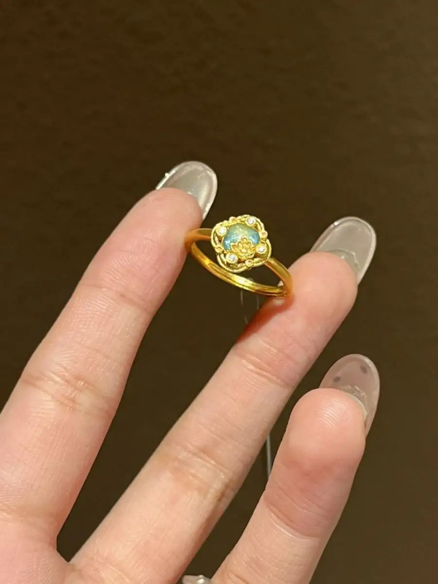 

Faionable Chinese Sle Gold Lotus Flower Ring for Women Vintage Luxury Embedded High-End Feeling Finger Ring