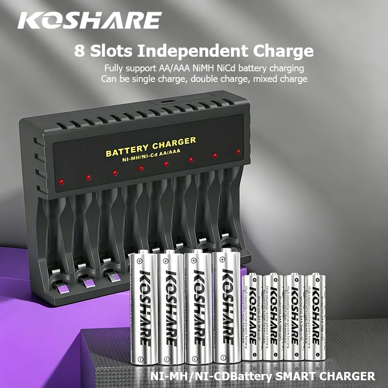 KOSHAR Rechargeable Ni-MH Batteries 1.2V AA AAA 2800mAh 1000mAh With 8 Slot LED Smart Battery Charger Independent Fast Charging
