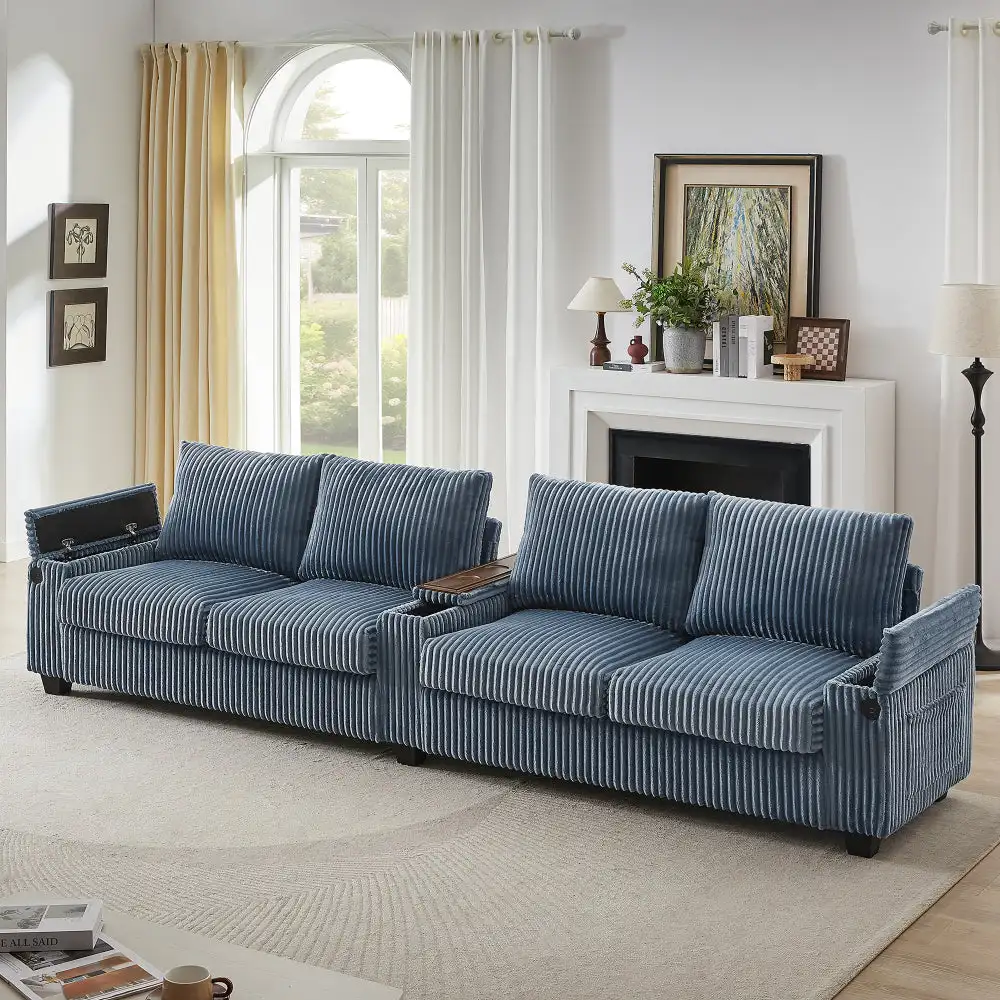 

4-seater Corduroy Sofa Couch 133″ Modern Sofa with USB Ports, Hidden Storage Arms, Flip-Top Cup Holders for Living Room, Blue