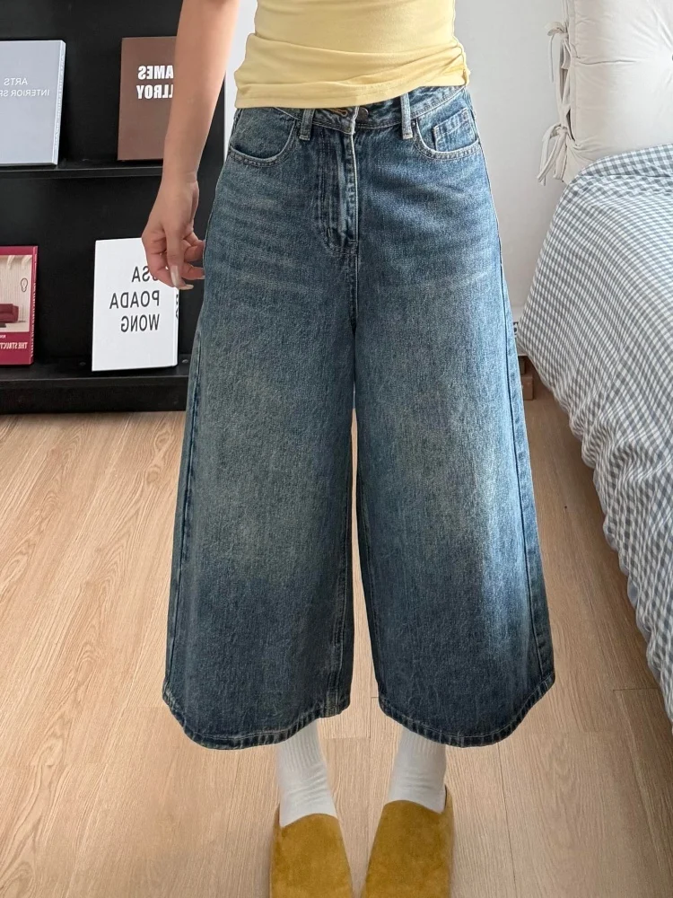 

American High Street Vintage Wide Leg Mid-Length Jeans Women Summer High Waist plus Size Slimming Loose Straight Short Pants