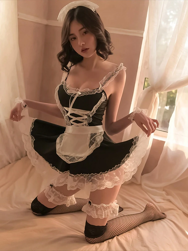Sexy, tentador, disfraz de juego de rol, lencería de sirviente de rol, delantal negro de Lolita, uniforme de color femenino sin pantuflas sexy