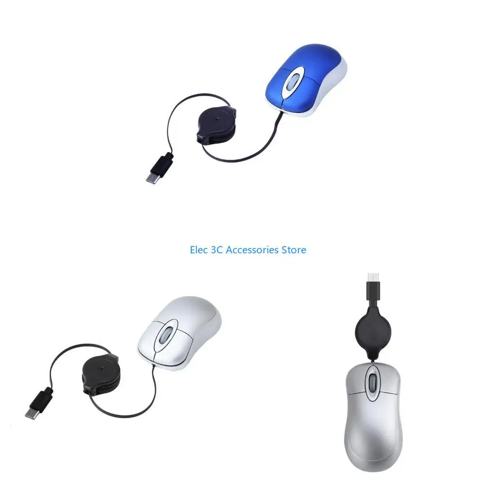 Y51A Corded Mouse USB C Retractable Cable Small Mouse 1000DPI Optical Basic Mouse