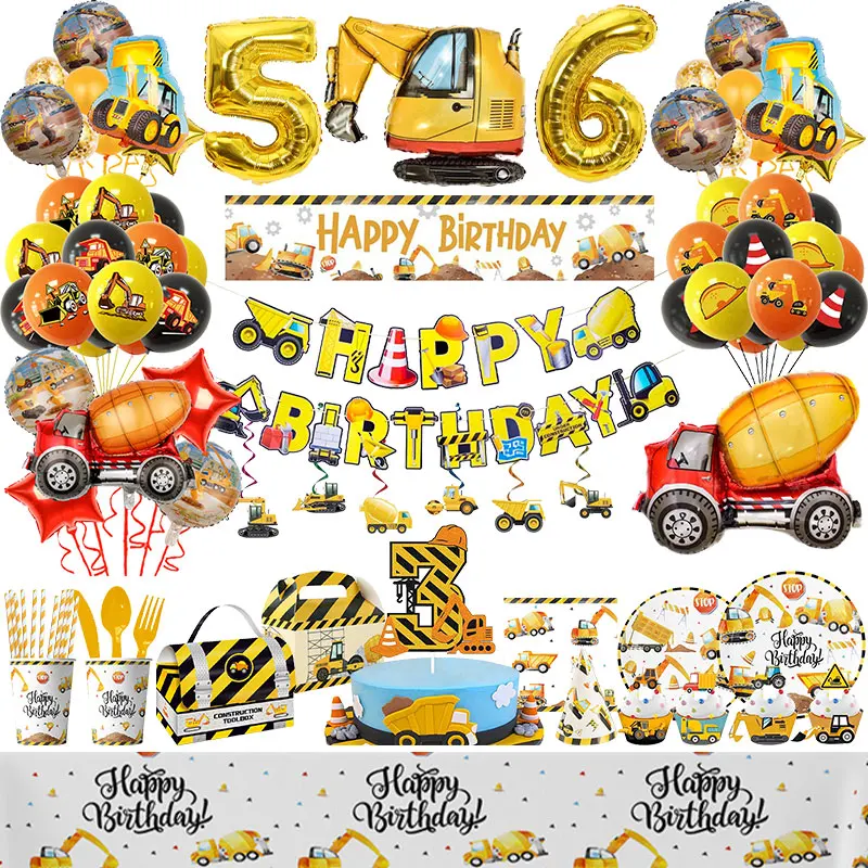 Construction Tractor Theme Birthday Party Decorations Aluminum Film Balloon Tableware Baby Shower Kids Boys Cake Decor Supplies