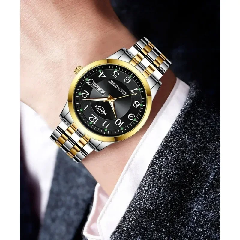 Men\'s Watch Stainless Steel Band Fashion Luminous Quartz Watch For Man Dual Calendar Male Clock reloj hombre Clock