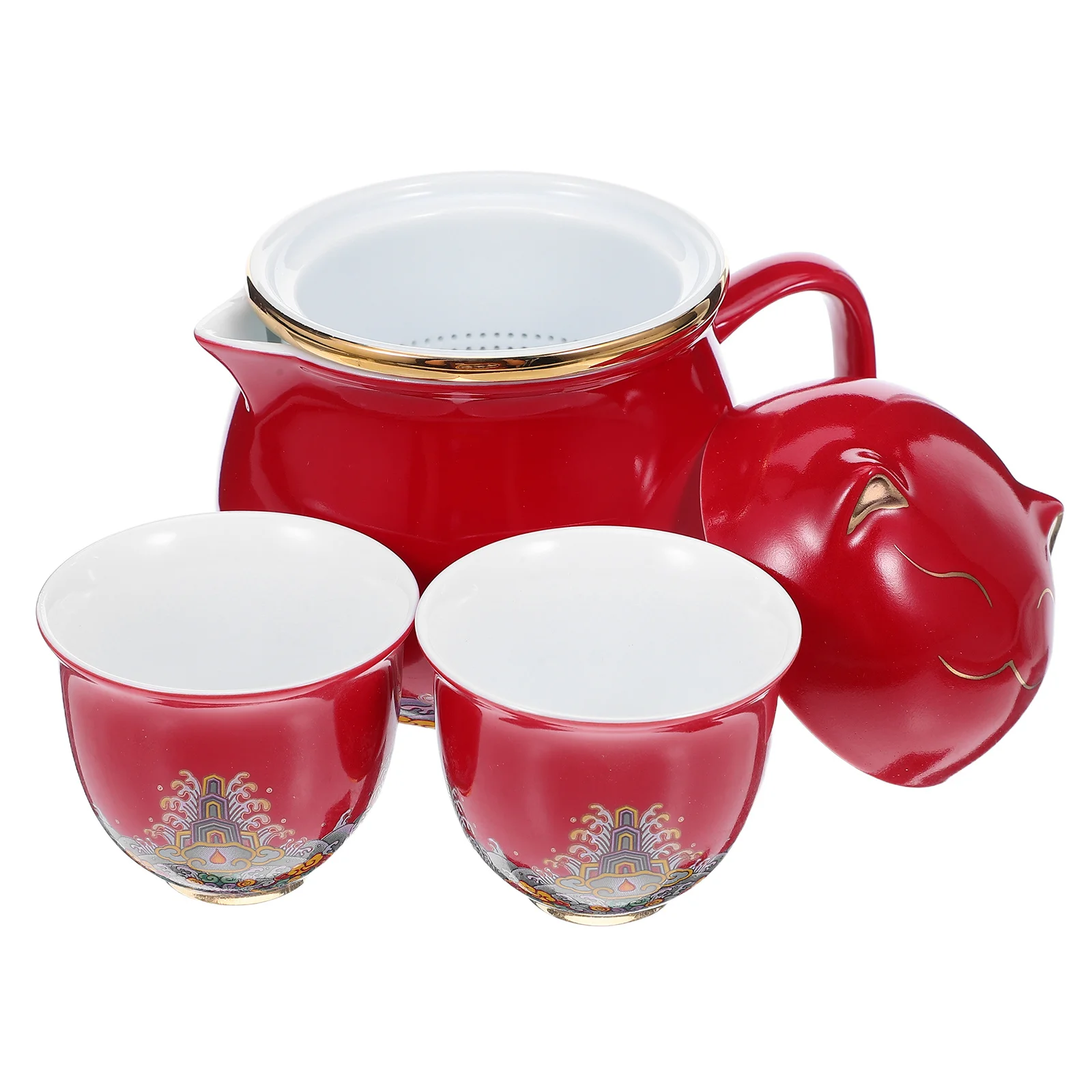 

1Set Gold Lucky Cat Ceramic Tea Set Porcelain Teapot Two Cups Compact Portable Office Travel Gongfu Set Kitten Tea Sets