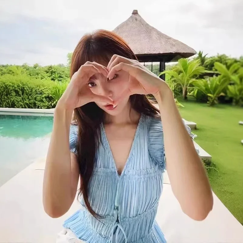 

Blue V-ne ort irt Women's Accordion Pleat Waist Cinching Flng Sve Tie French Sle Cotton Polyester Blend Anti-aging