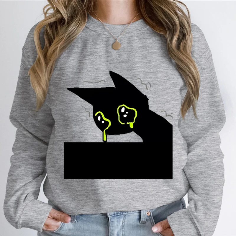 Power Cat Graphic Sweatshirts Women Sad Cats Shed Tears Print Funny Sweatshirt Hoodie Kawaii Animal Lover Casual Hooded Shirts