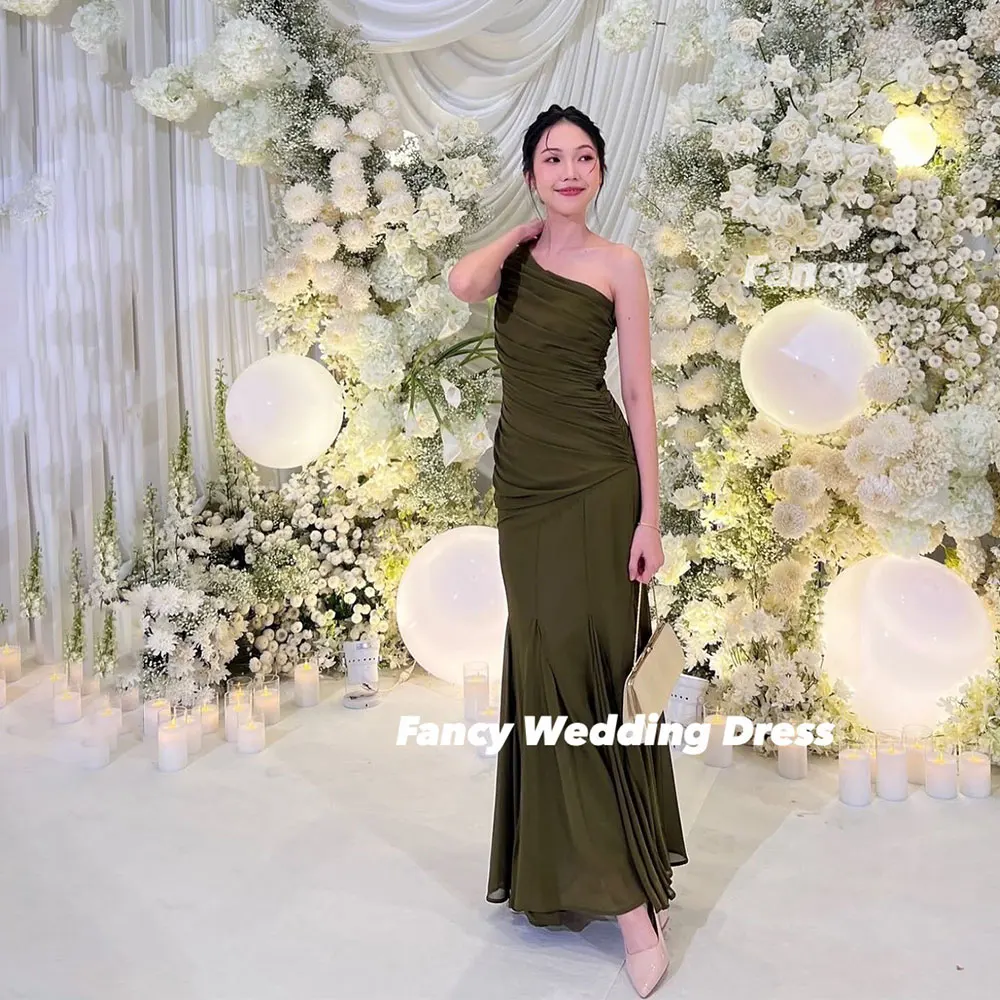 

Fancy Elegant One Shoulder Olive Green Evening Dress Mermaid Saudi Arabia Women Prom Gown Elastic Satin Formal Dress Customized