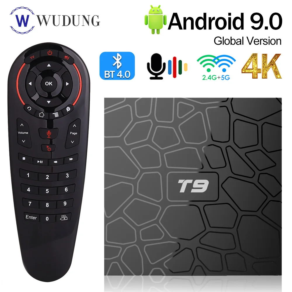 T9 TV Box Android 9.0 4GB RAM 64GB ROM 4K H.265 2.4G&5G Dual WiFi RK3318 Quad Core BT4.0 Smart Set Top Box