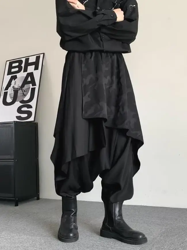 Men's Harajuku Style Wide Leg Pants Big Crotch Casual Trousers Layered Look Fake Two-Piece Black Samurai Irregular Lantern Pants