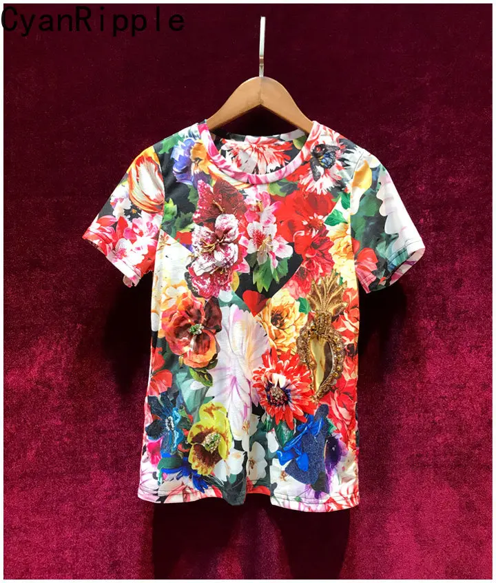 

Высококачественная новая весенне-летняя футболка с цветочным принтом, универсальный пуловер с круглым вырезом, роскошные стразы и бусины, женская повседневная хлопковая футболка