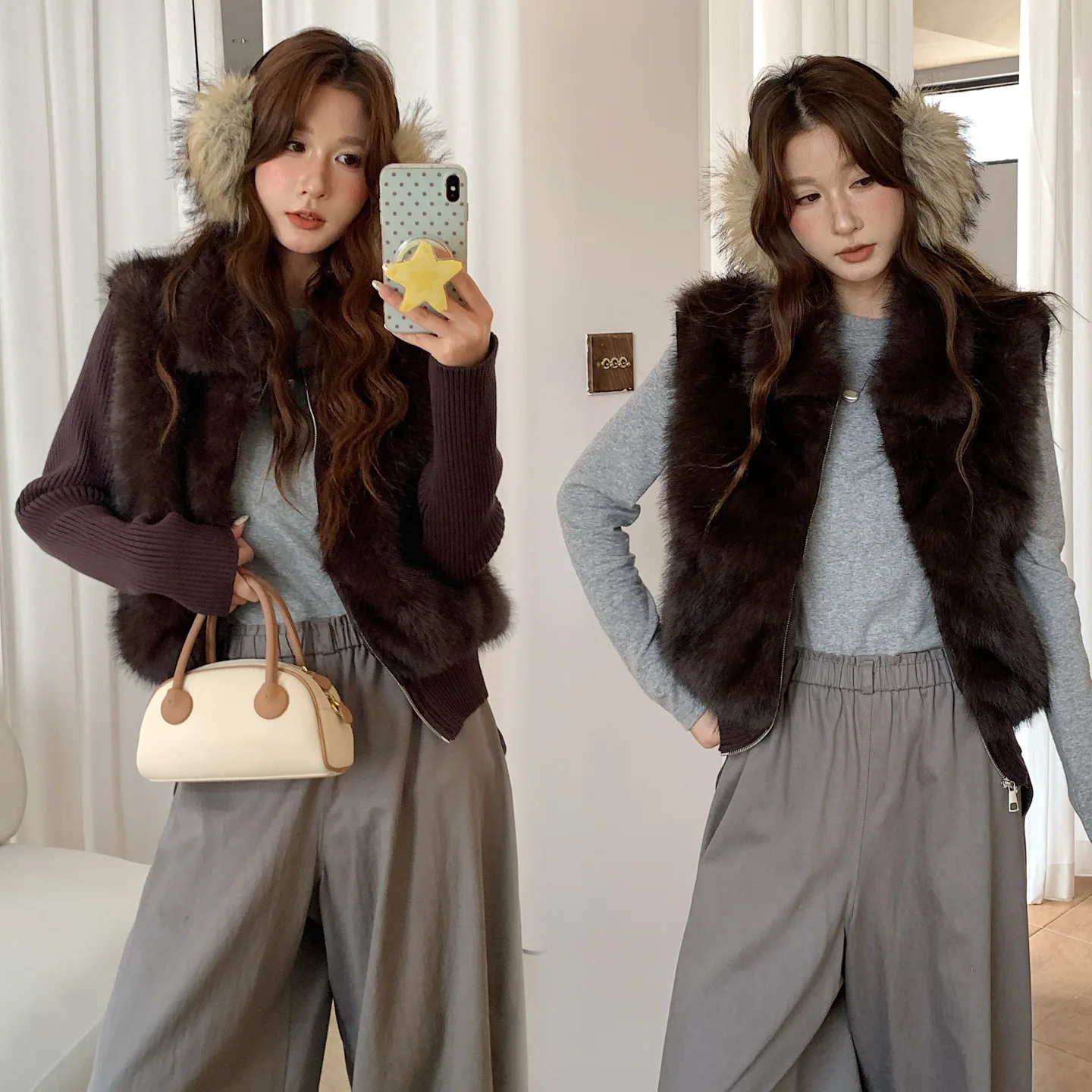 Autumn Winter Women Imitation Fur Jacket New Lapel Splicing Knitted Sleeve Zipper Coat Removable Sleeve Vest Female Outerwear
