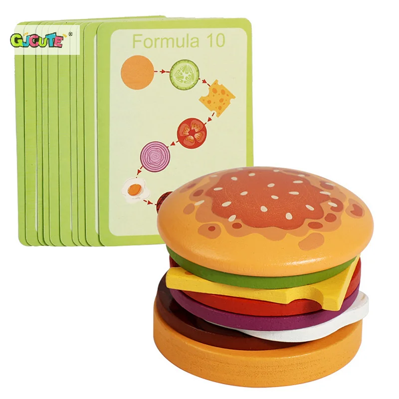 Wooden Hamburg Sandwich Stacking Toys For Toddlers And Kids Montessori Preschool Educational Toys Fine Motor Skill Kitchen Toy