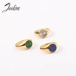 Joolim Jewelry High End Pvd Wholesale Luxury Retro Round White Shell Natural Lazuli Malachite Stainless Steel Finger Ring