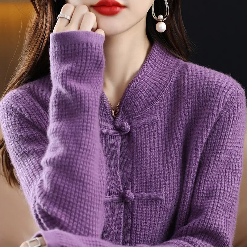 2023 autumn winter chinese retro style cheongsam button stand collar long sleeve knit sweater blouse chinese tang suit top s619